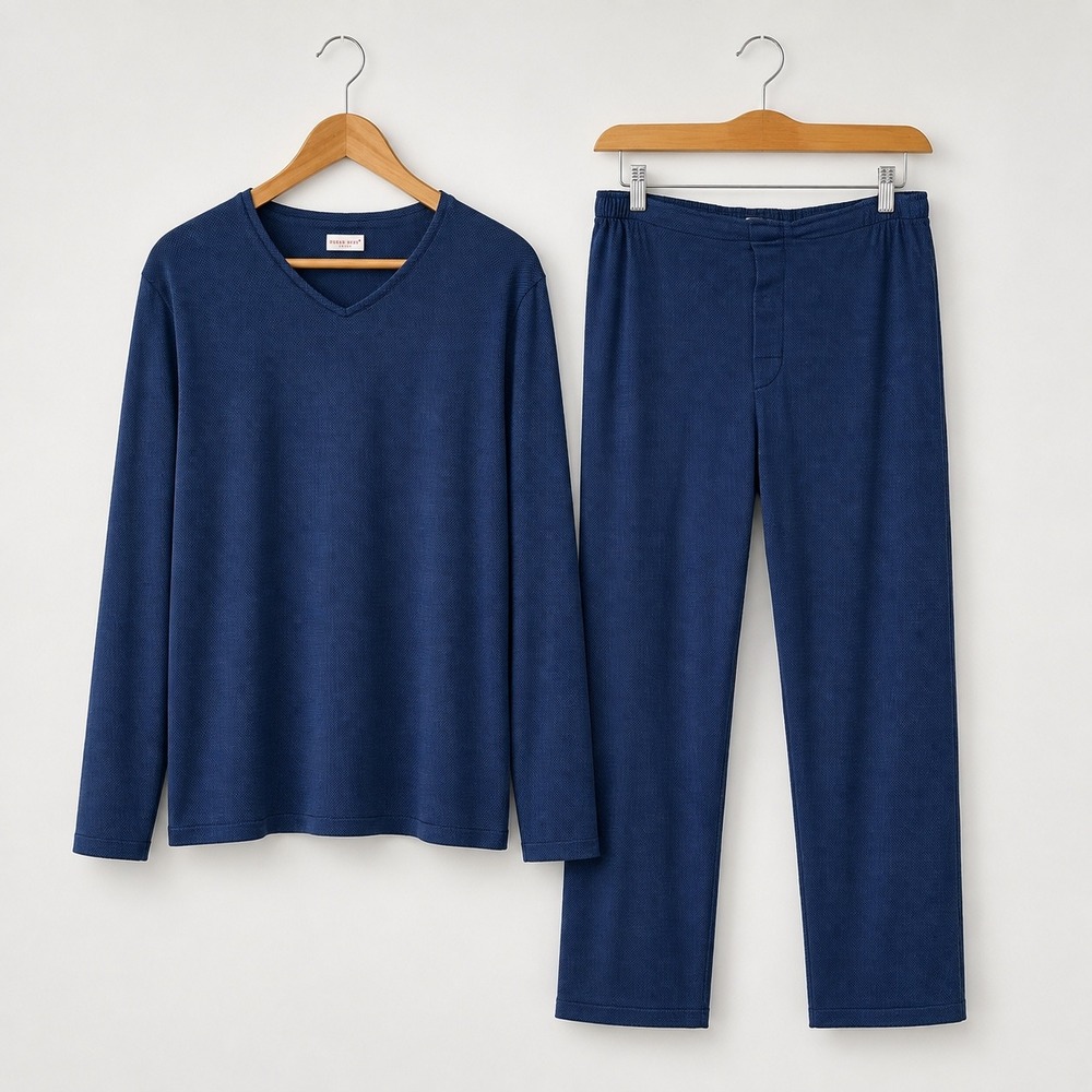 Derek Rose Pajama Set Men XXL Navy Blue Cotton V-Neck Long Sleeve Micro Diamond